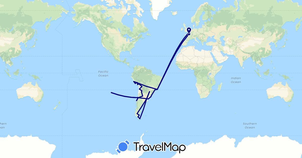 TravelMap itinerary: driving in Argentina, Bolivia, Brazil, Chile, France, Netherlands, Peru, Uruguay (Europe, South America)