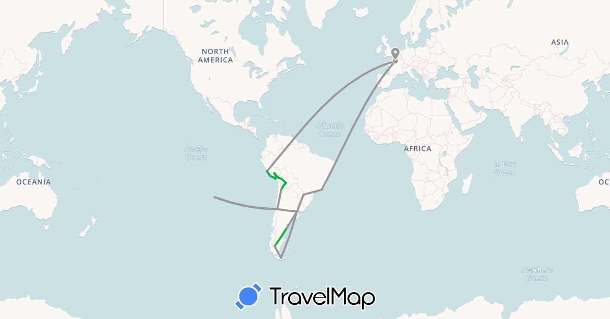 TravelMap itinerary: driving, bus, plane in Argentina, Bolivia, Brazil, Chile, France, Peru (Europe, South America)